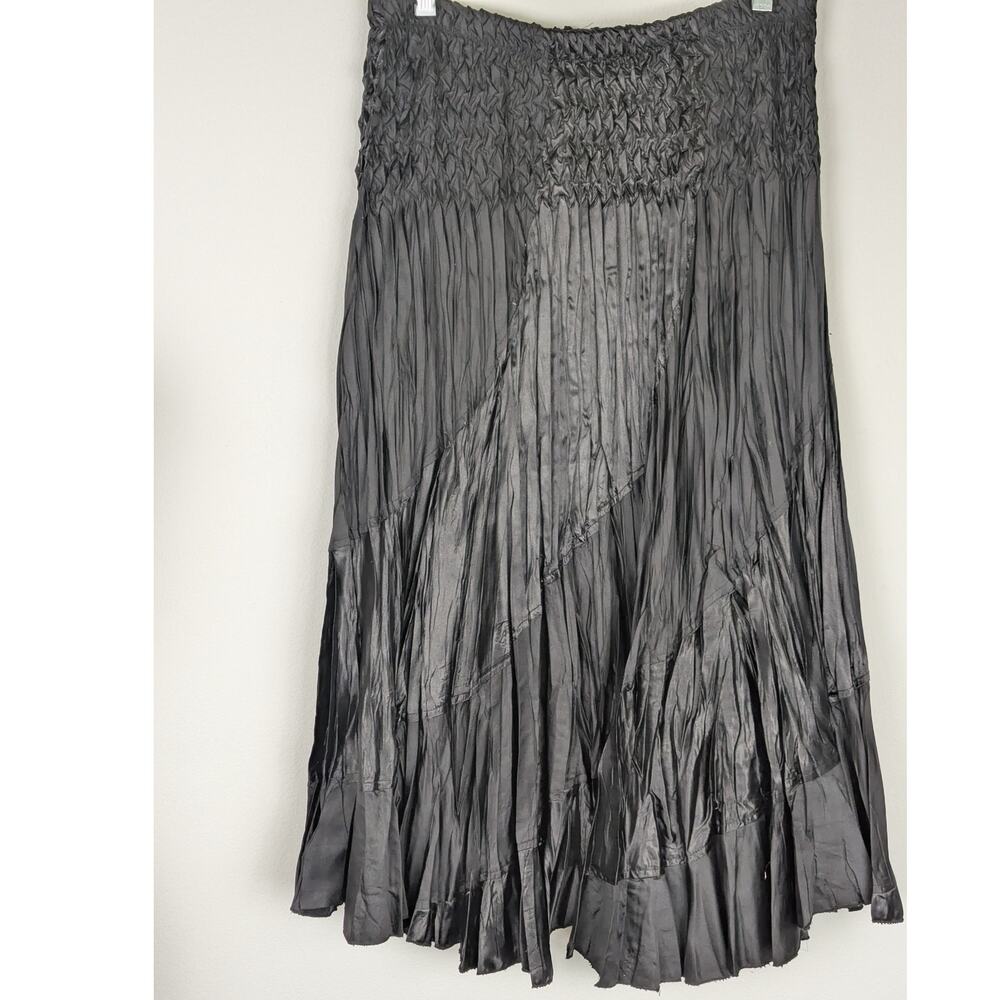 Black Satin Skirt Witchy Diagonal tiers crinkled and tucks Sz L W 30-36"Leng 30"